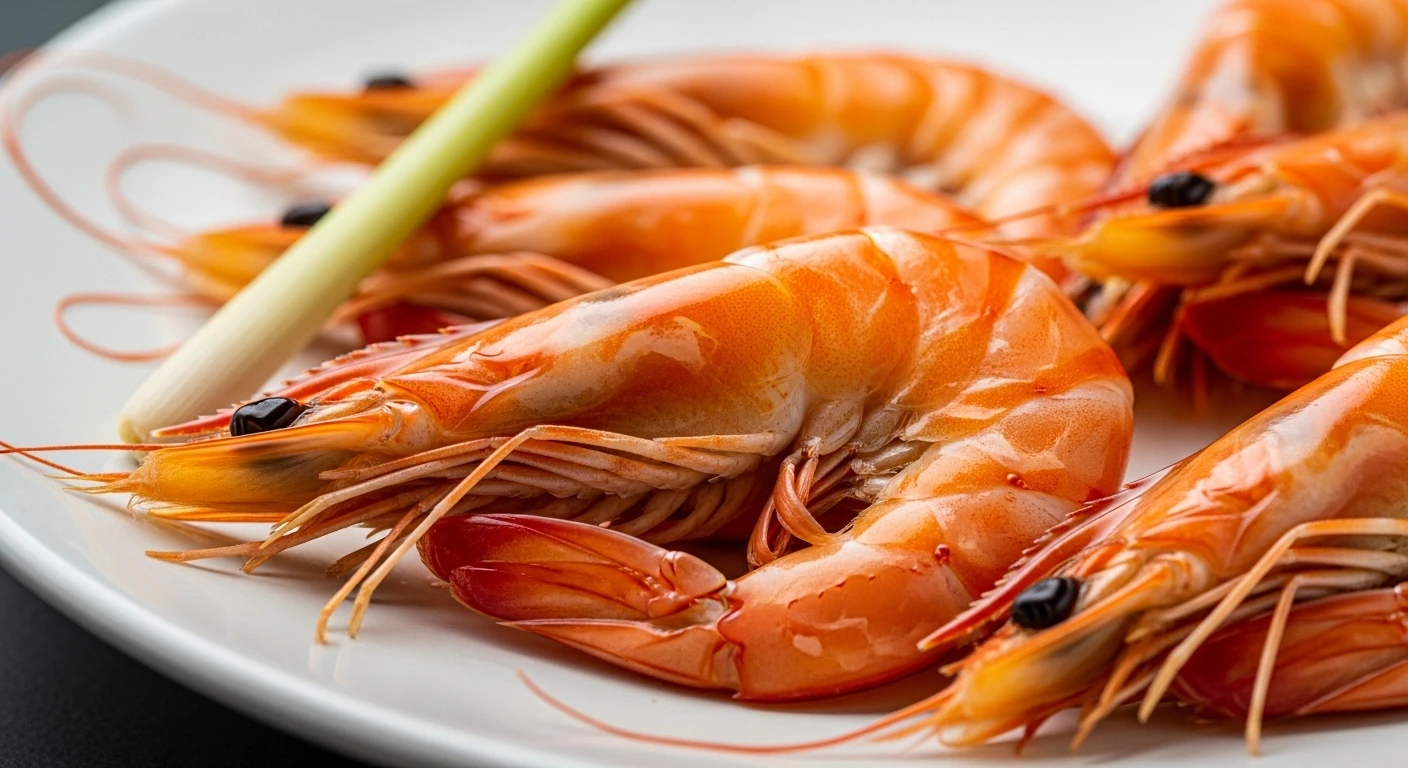 Close-up of succulent Ca Mau black tiger shrimp, highlighting texture