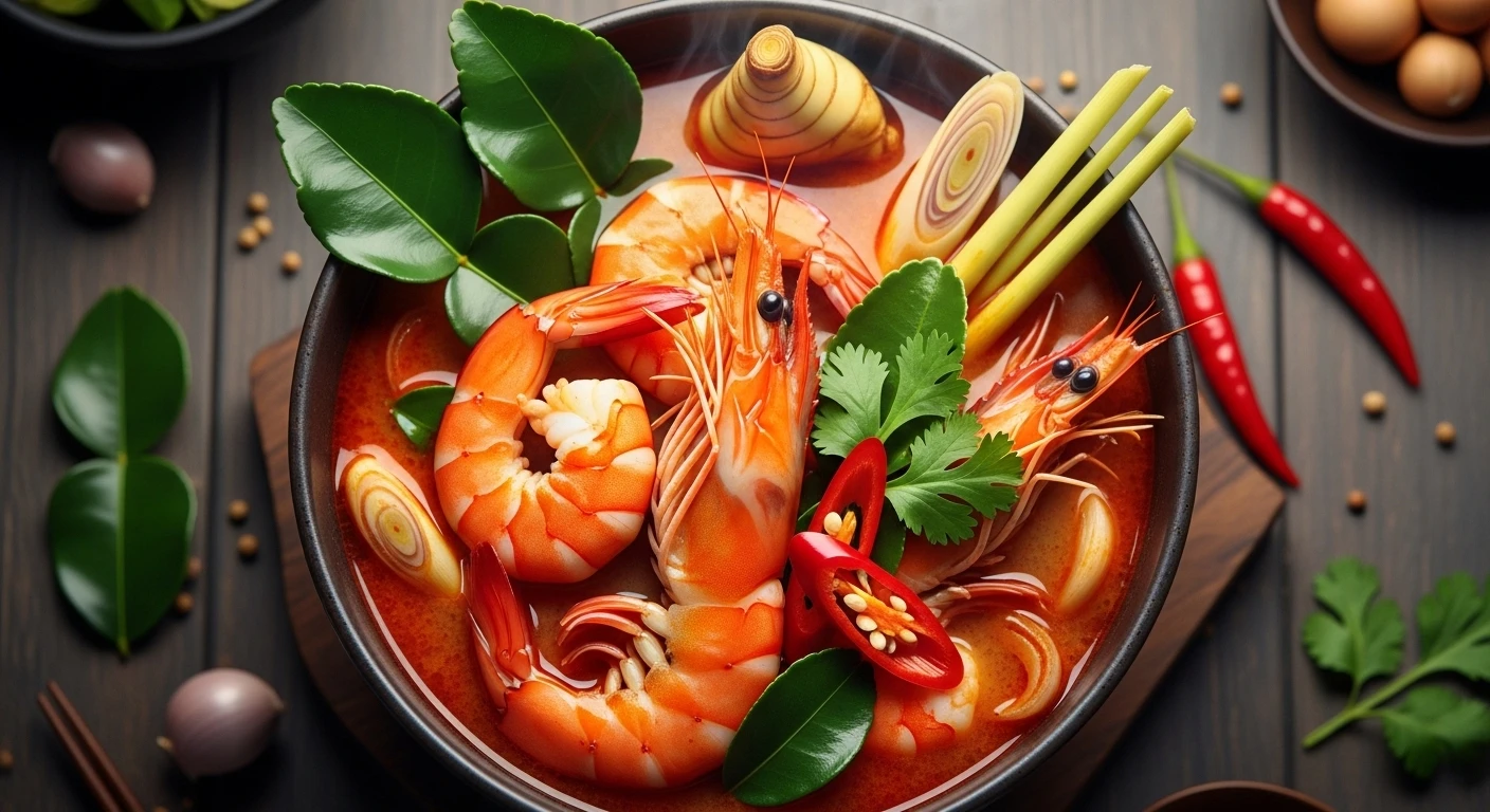 A vibrant Thai Tom Yum Goong soup with plump shrimp and aromatic herbs
