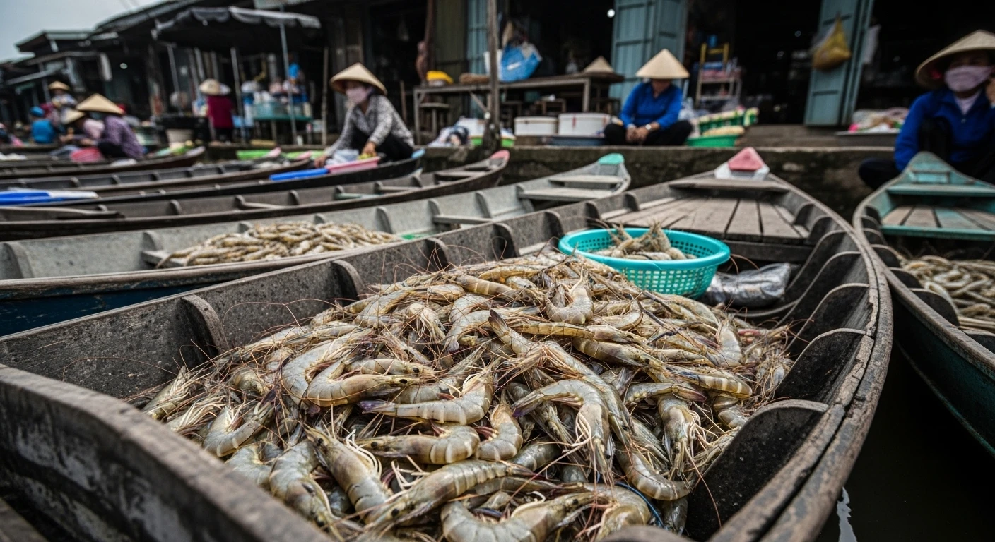 A rustic wooden boat laden with fresh shrimp in a Mekong Delta market