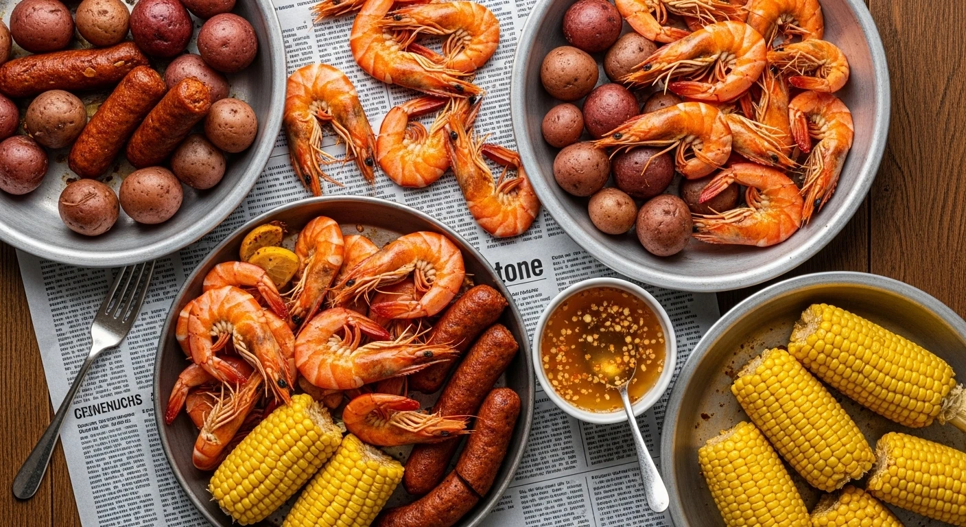 A classic American shrimp boil with corn, potatoes, and sausage.