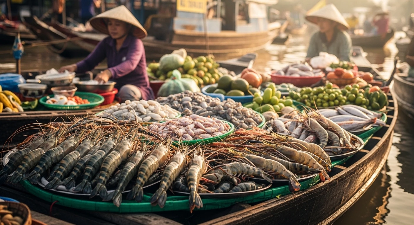A vibrant floating market scene in the Mekong Delta with fresh produce and seafood.
