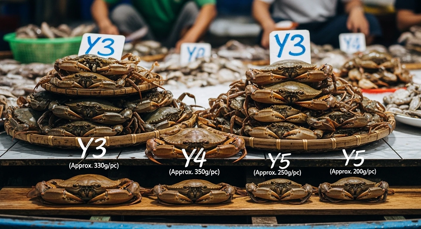 Close-up of fresh Vietnamese crabs with clear size labels