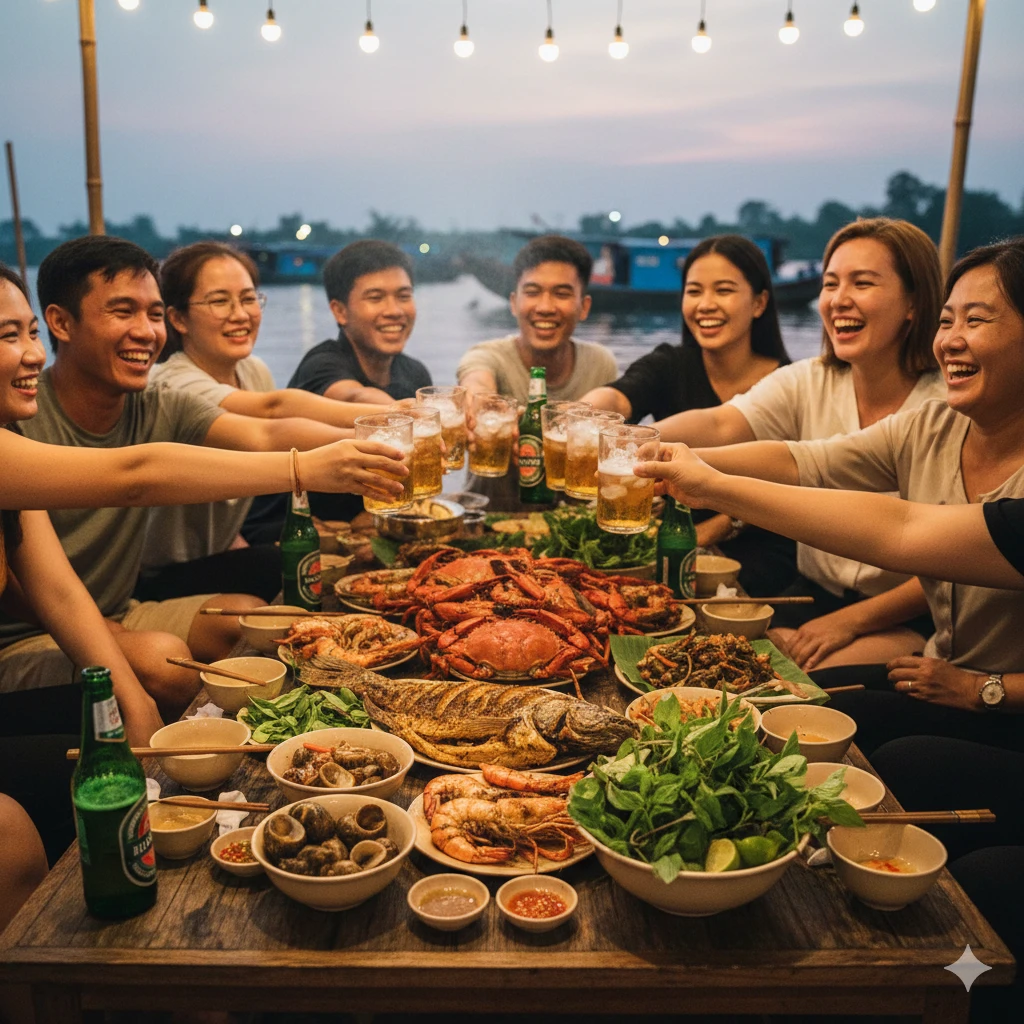 Vibrant Vietnamese Nhậu scene with friends toasting beer and eating seafood