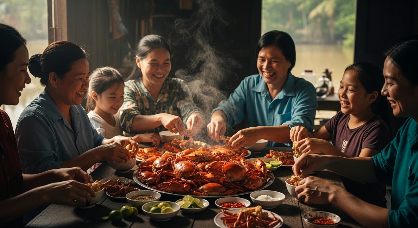 Vietnamese family sharing a large crab meal in the Mekong Delta, symbolizing hospitality