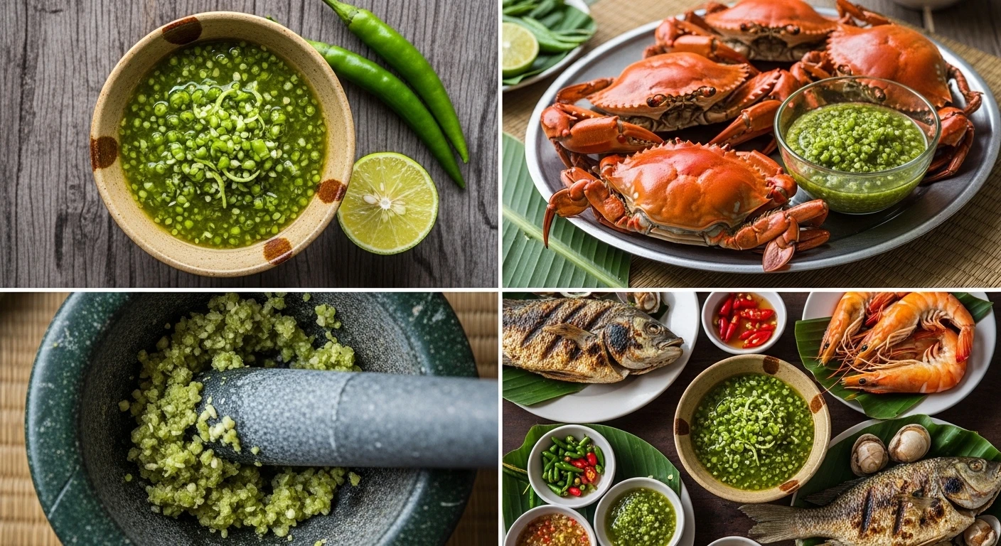 A vibrant bowl of green pepper sauce with a whole green chili and lime on the side, next to a platter of steamed crabs.