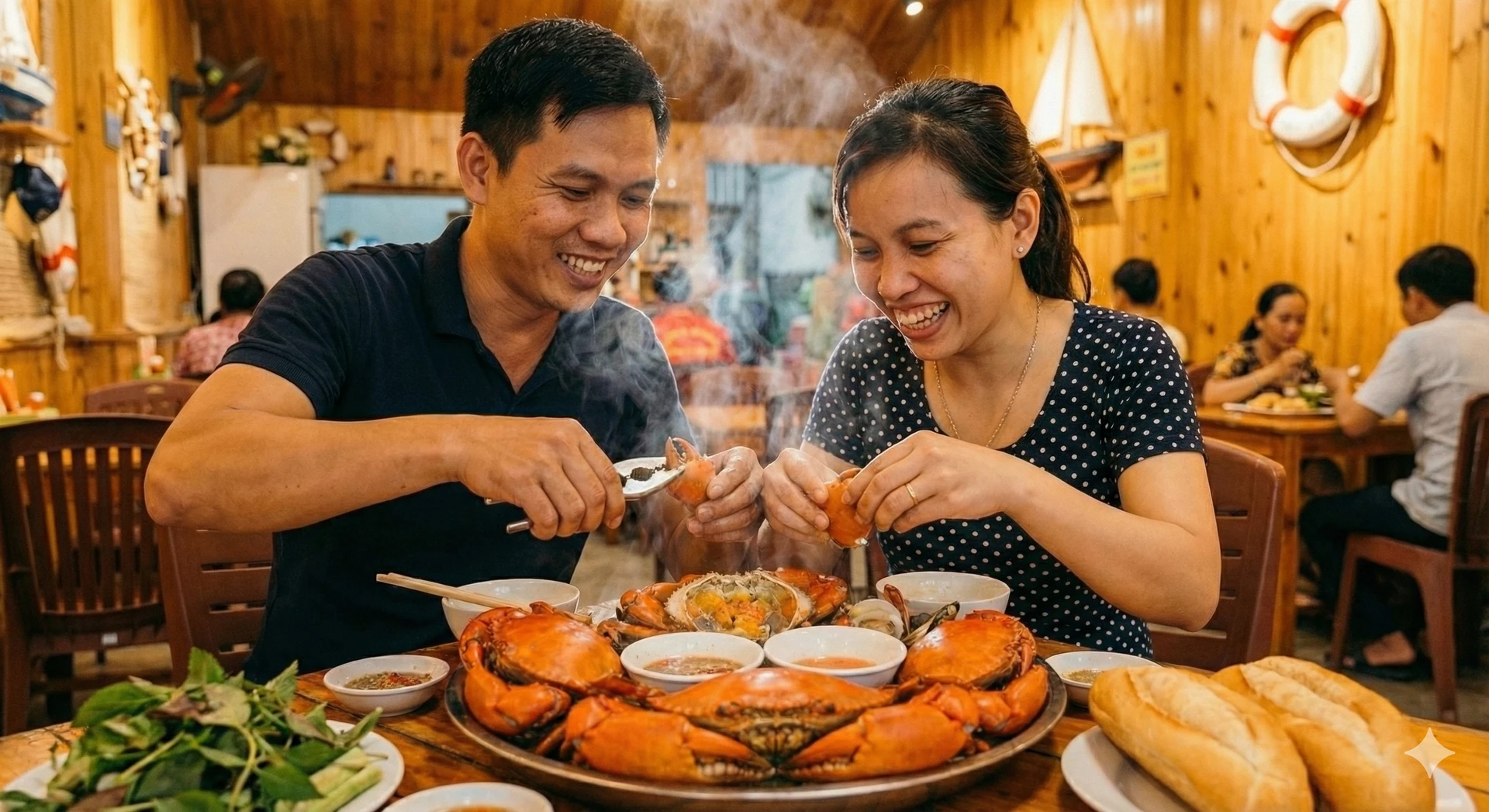 Hình ảnh một cặp đôi đang thưởng thức cua hấp cùng nhau