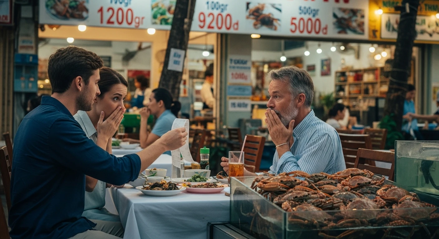 A Vung Tau beachside restaurant with obscured price boards