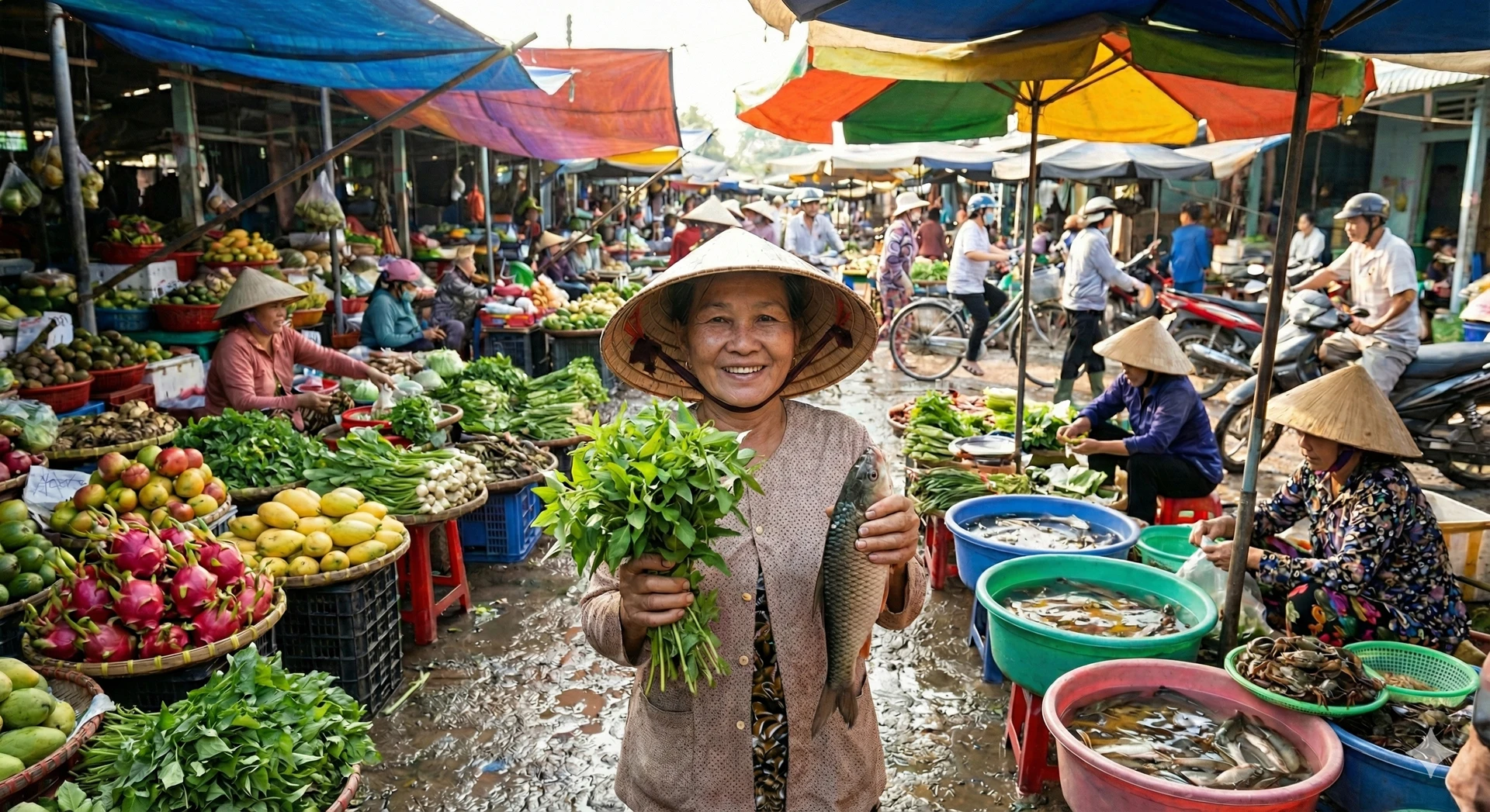 Bustling Vietnamese wet market scene with vibrant produce and smiling vendors