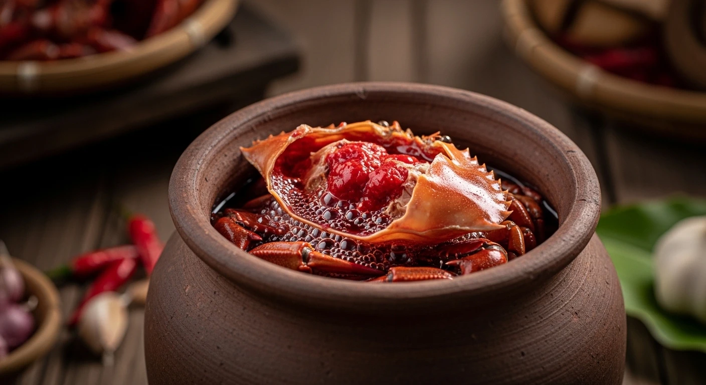 Fermented crab in a jar, showing reddish hue and softened shell