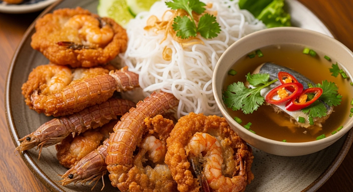 Golden brown mantis shrimp patties on a plate with vermicelli and broth