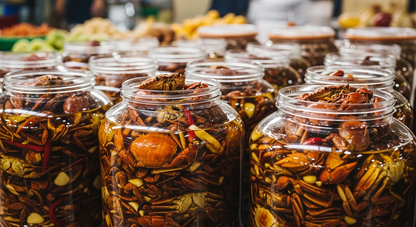 Jars of fermented ba khia (salted crab) at a Mekong Delta market